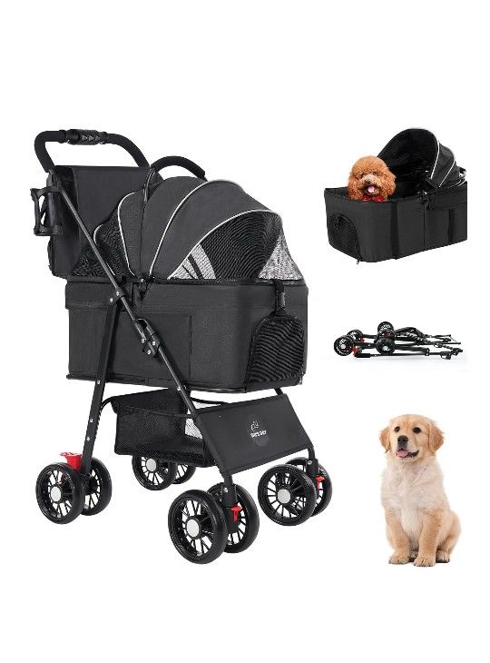 3 in 1 Pet Dog Stroller for Small Medium Dogs 10-50 lbs, Foldable Cat-Strollers for 2-Cats with Removable Carrier, Pet-Strollers for Cats with Storage