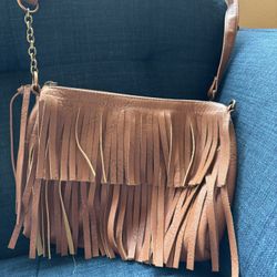 Brown Leather Shoulder Bag With Fringe