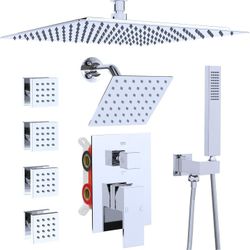 Dual Shower Head Shower System with Body Jets, 12" Ceiling Mounted Rain Shower Head & 6" Wall Mounted Head Full Body Rainfall Shower Faucet with Valve