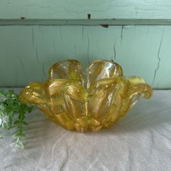 Murano hand blown bright yellow and gold flecks Italian art glass flower form bowl or ashtray.