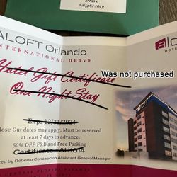 Aloft Orlando One Night Stay Certificate 