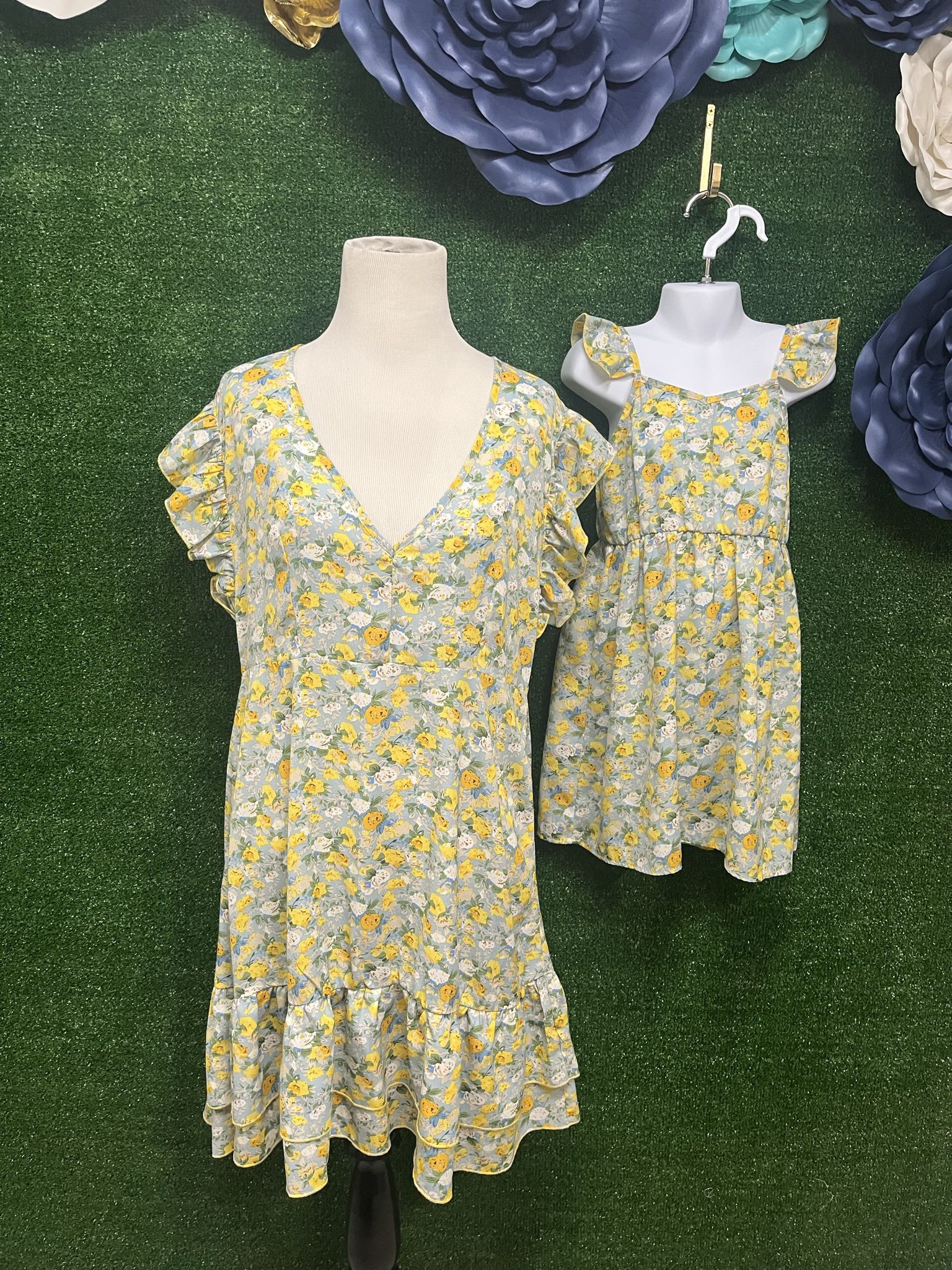 Pat Pat Yellow And Green Floral Mommy And Me Dresses Size XL And 4-5T