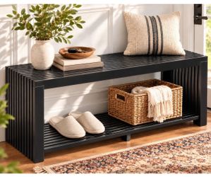 Black Slatted Wood Entryway Bench with Shelf