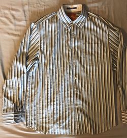 Tommy Bahama Men's L Blue Tan Dress Shirt Long Sleeve Button Front Striped