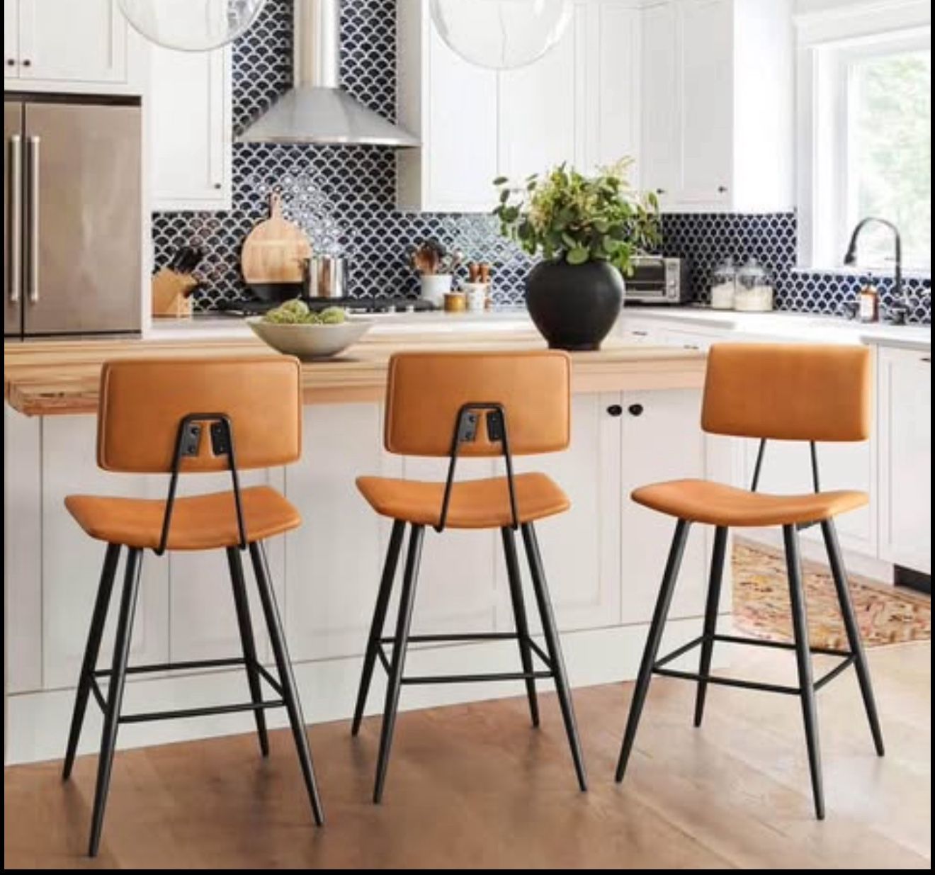 Bar Stools Set of 3, 24.5" Counter Height Bar Stools, Whiskey Brown Faux Leather Upholstered Barstoo