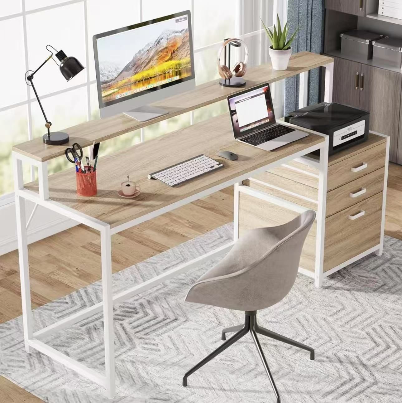 JW0712 63 Inch Computer Desk with File Drawer Cabinet, Ergonomic Office Desk with Monitor Stand, Industrial Computer Table with Printer Space, Wood PC