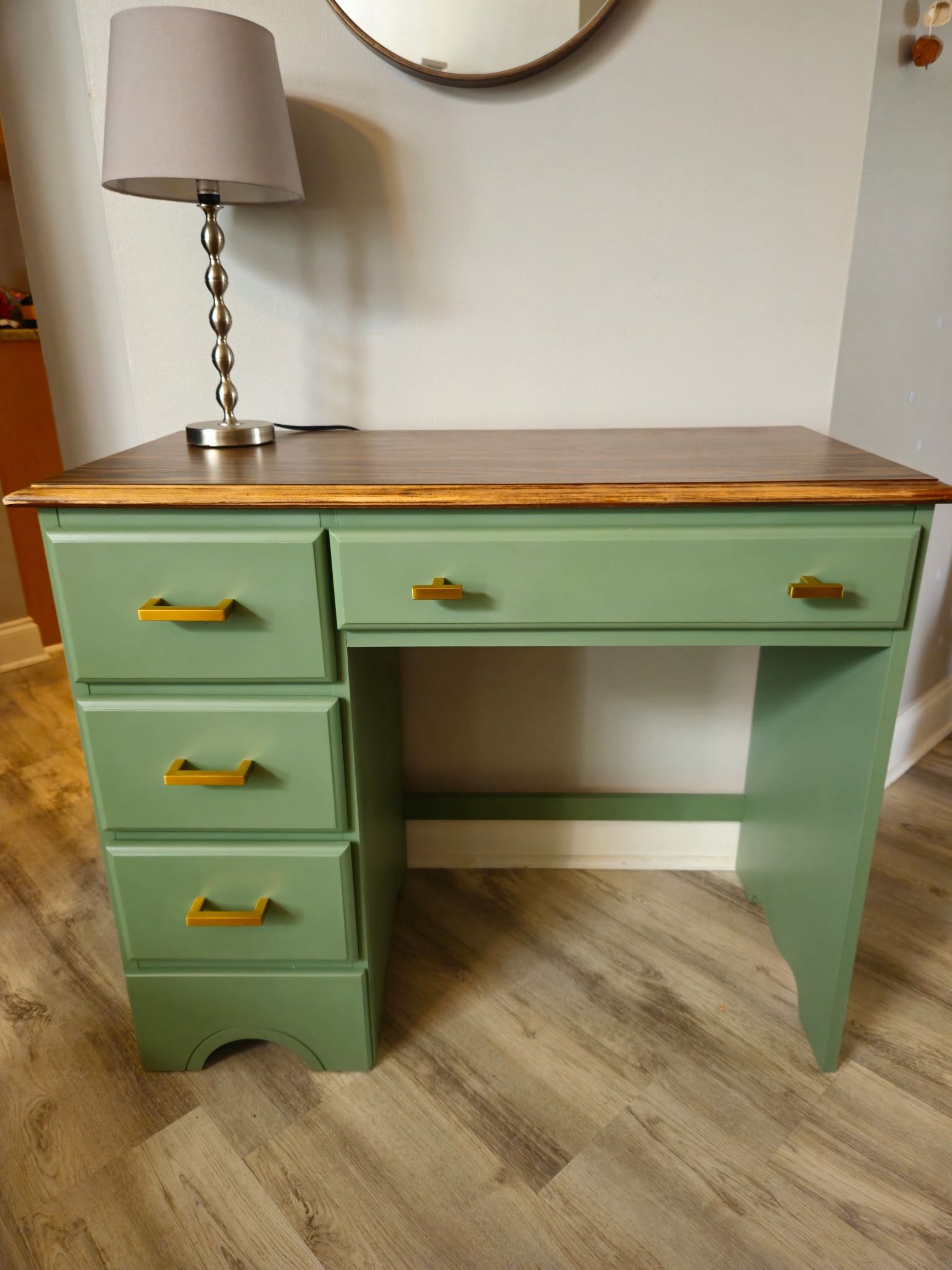 Real Wood Desk, Sage Green with Brushed Brass Handles