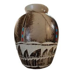Native American Navajo horsehair pottery vase w/Turquoise and Red Coral