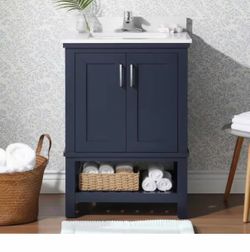 Home Decorators Collection Tupelo 24 in. Single Sink Freestanding Midnight Blue Bath Vanity with White Engineered Stone Top (Assembled)