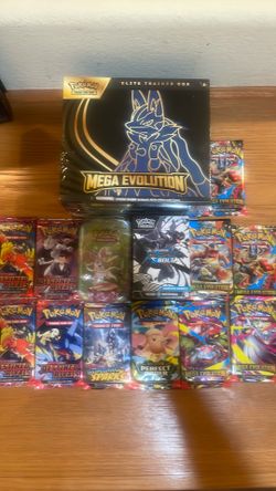 Mega evolutions etb, black bolt booster bundle, prismatic tin, destined packs, mega packs, and 1 surging and perfect order pack (Pokemon Bundle)