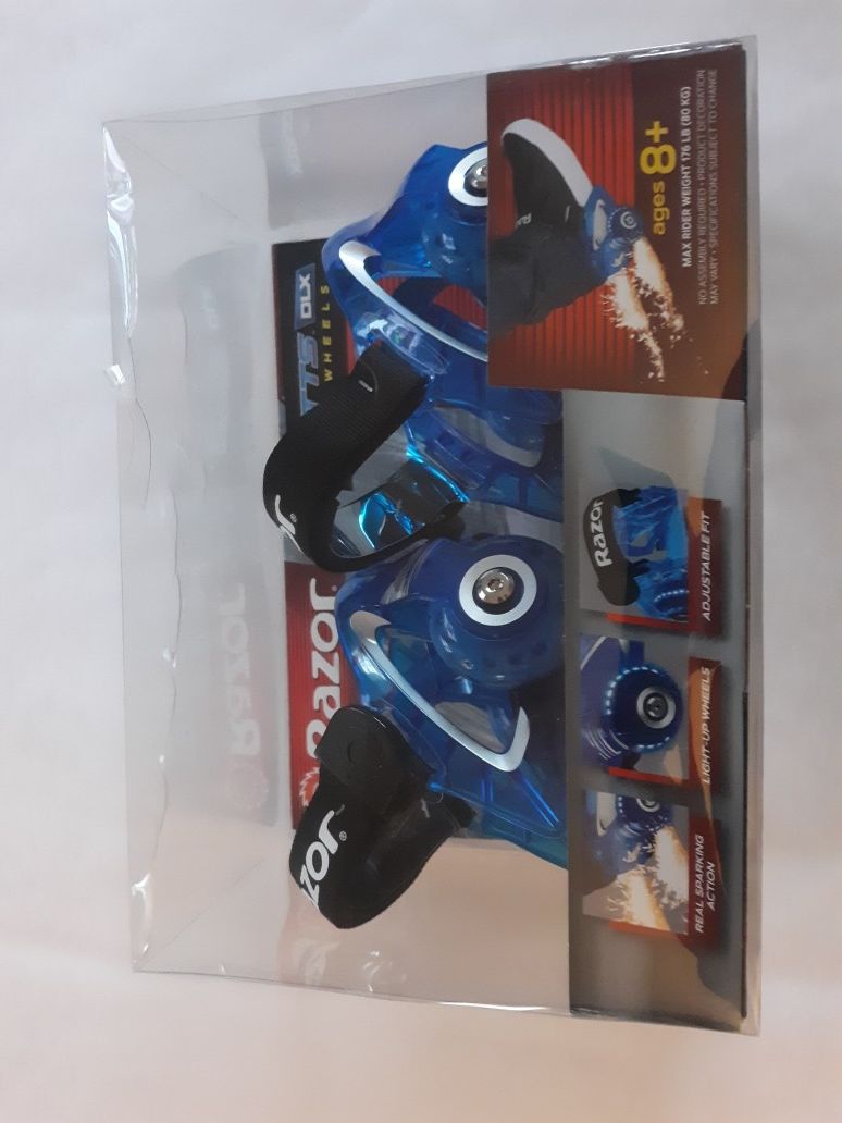 NEW Razor Jetts Heel Wheels DLX Blue Real Sparking Action Light Up Roll & Spark