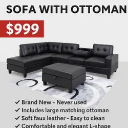 🛋️ Brand New Black Sectional Sofa with Ottoman – Modern Look – Delivery Available