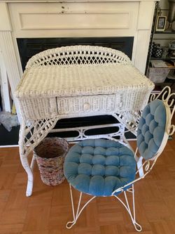 Vintage Wicker Desk with Iron Vanity Chair
