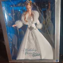 Holiday Visions Winter Fantasy 2003 Barbie Doll blue backround with trees