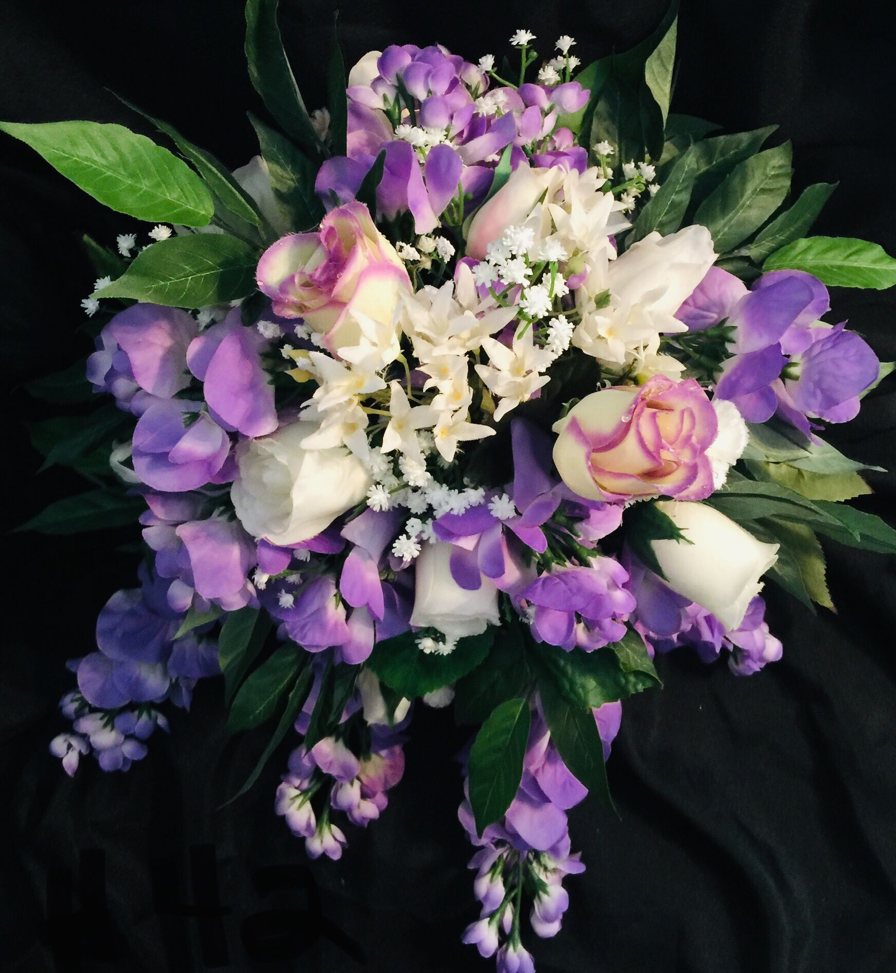 Purple cascade white purple tips closed roses wedding bridal bouquet artificial flower #12