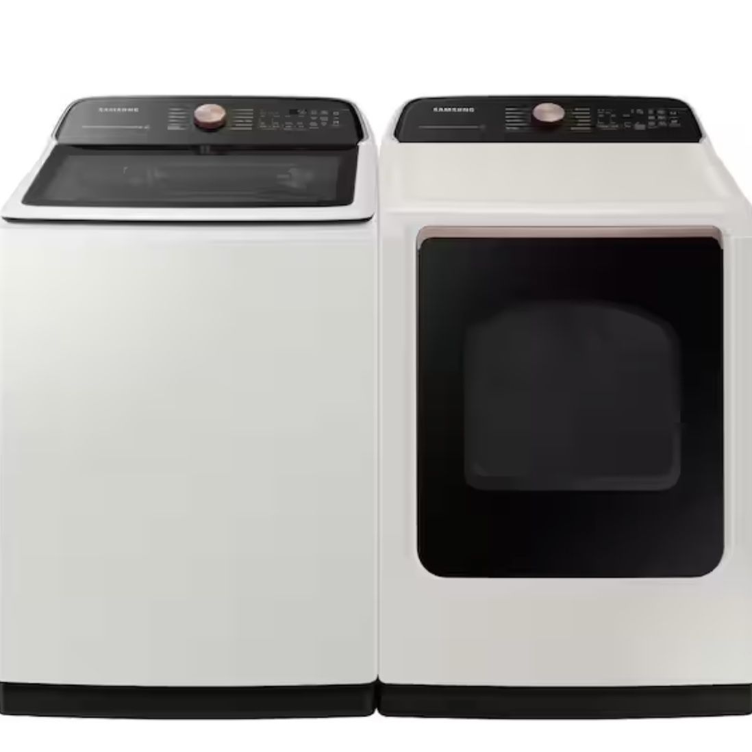 Samsung Smart Top Load Super Speed Wash Washer & Smart Steam Sanitize+ Electric Dryer with package in Ivory