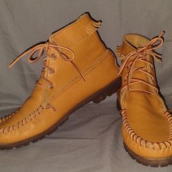 Vintage Natural Leather Moccasin Boots With Vibram Soles Leather Laces Women's 8