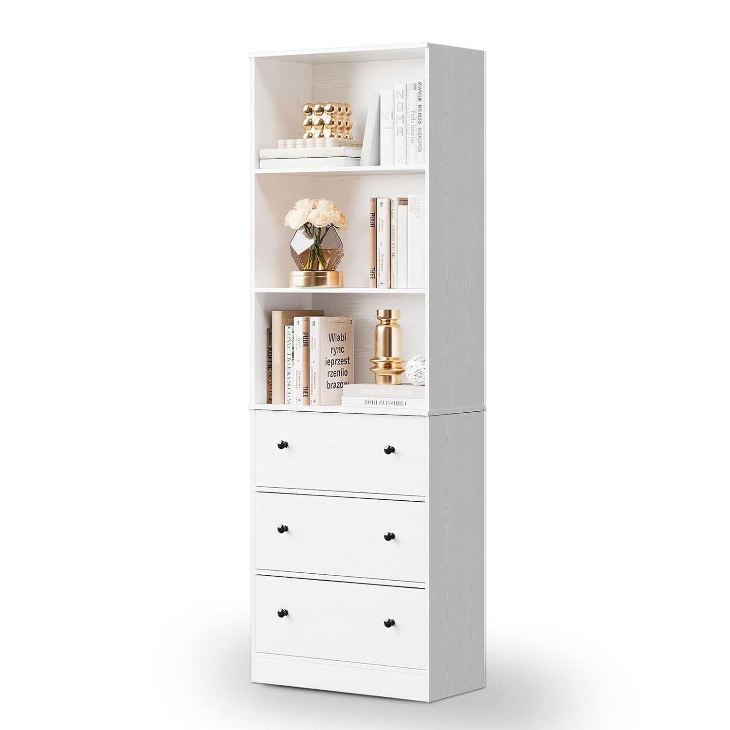 White Bookshelf with Storage, 71" Tall Bookcase with Drawers, Wooden Bookshelf Display Cabinet with 3 Drawers and 3-Tier Shelves, Home Decor Furniture