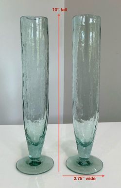 Pair of Kalalou Tall Mouth Blown Thick Recycled Green Bubble Glass Champagne Flutes from Columbia