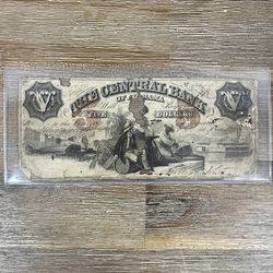 obsolete \$5 banknote from The Central Bank of Alabama,  the 1850s Beat Up 