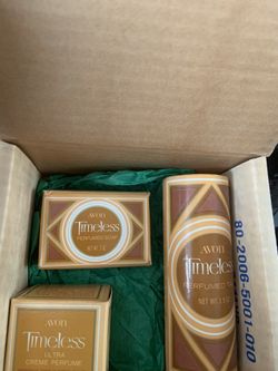 Vintage Avon Set Of Timeless  Perfumed Soap,, Body  Talc And Creamed  Perfume 