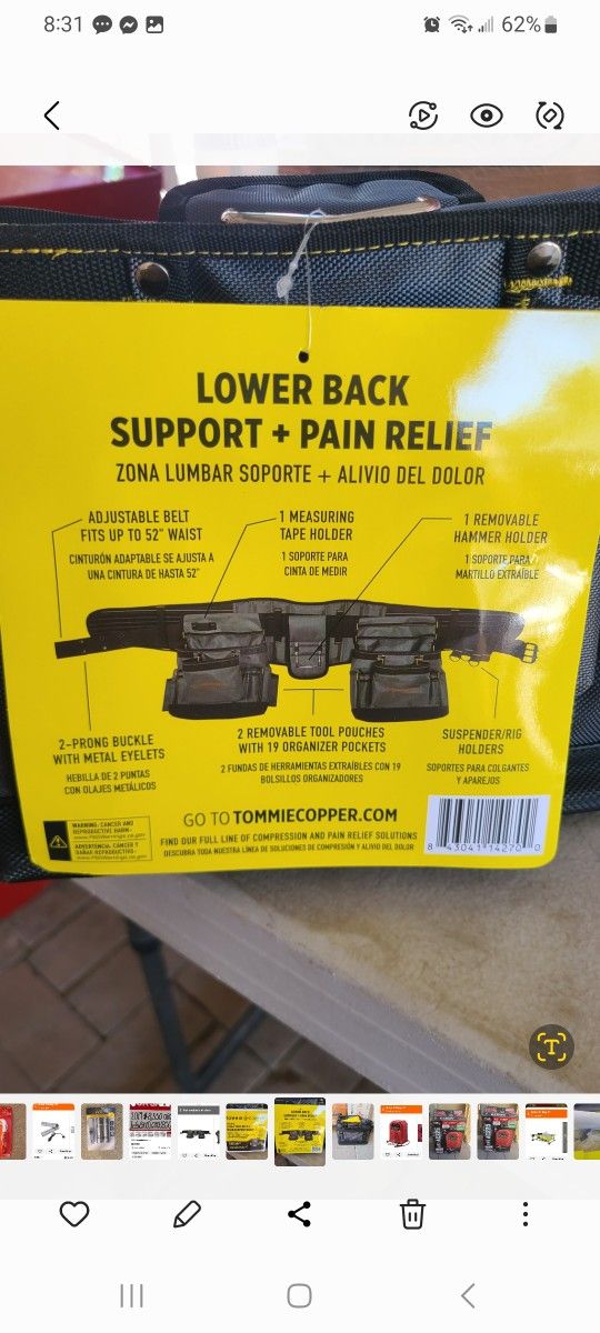 Tommie Copper Adjustable 2-bag 19-pocket Tool Belt With Back Support Brace 