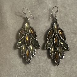 New! Antique Gold Three Color Gem 3” Lightweight Earrings 