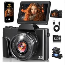 4K Digital Camera WiFi 180° Flip Screen Autofocus 64MP 16X Zoom, Black