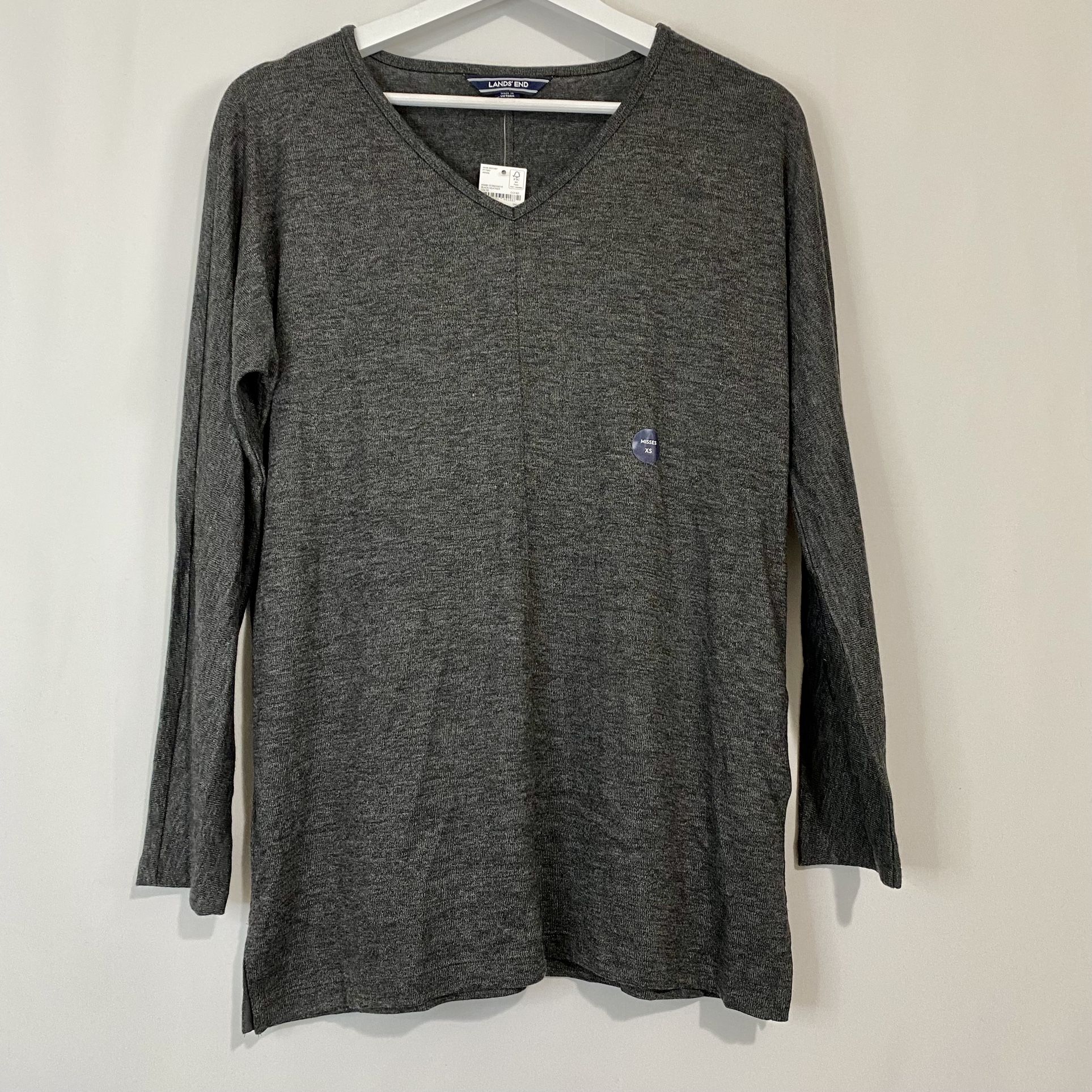 Lands’ End Women’s Long Sleeve V Neck Tunic Lightweight Sweater Black Heather XS