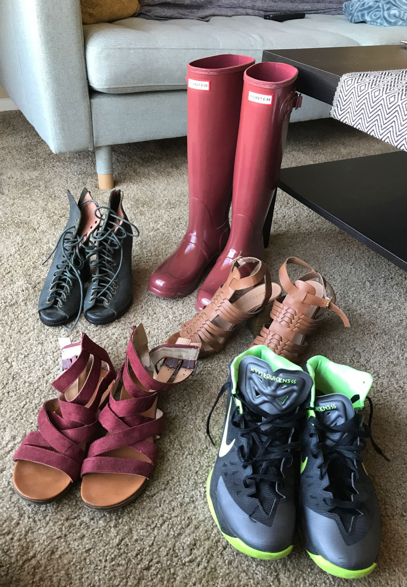 Shoes! Women’s Hunter Tall rain boots 8, men’s Nike basketball 10.5