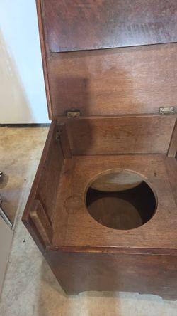 Antique Wooden Commode Chair / Close Stool – Folding Arms & Chamber Pot Opening
