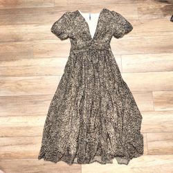 Anthropologie Leopard Print Puff Sleeve Boho Ruffle Long Maxi Dress Womens S
