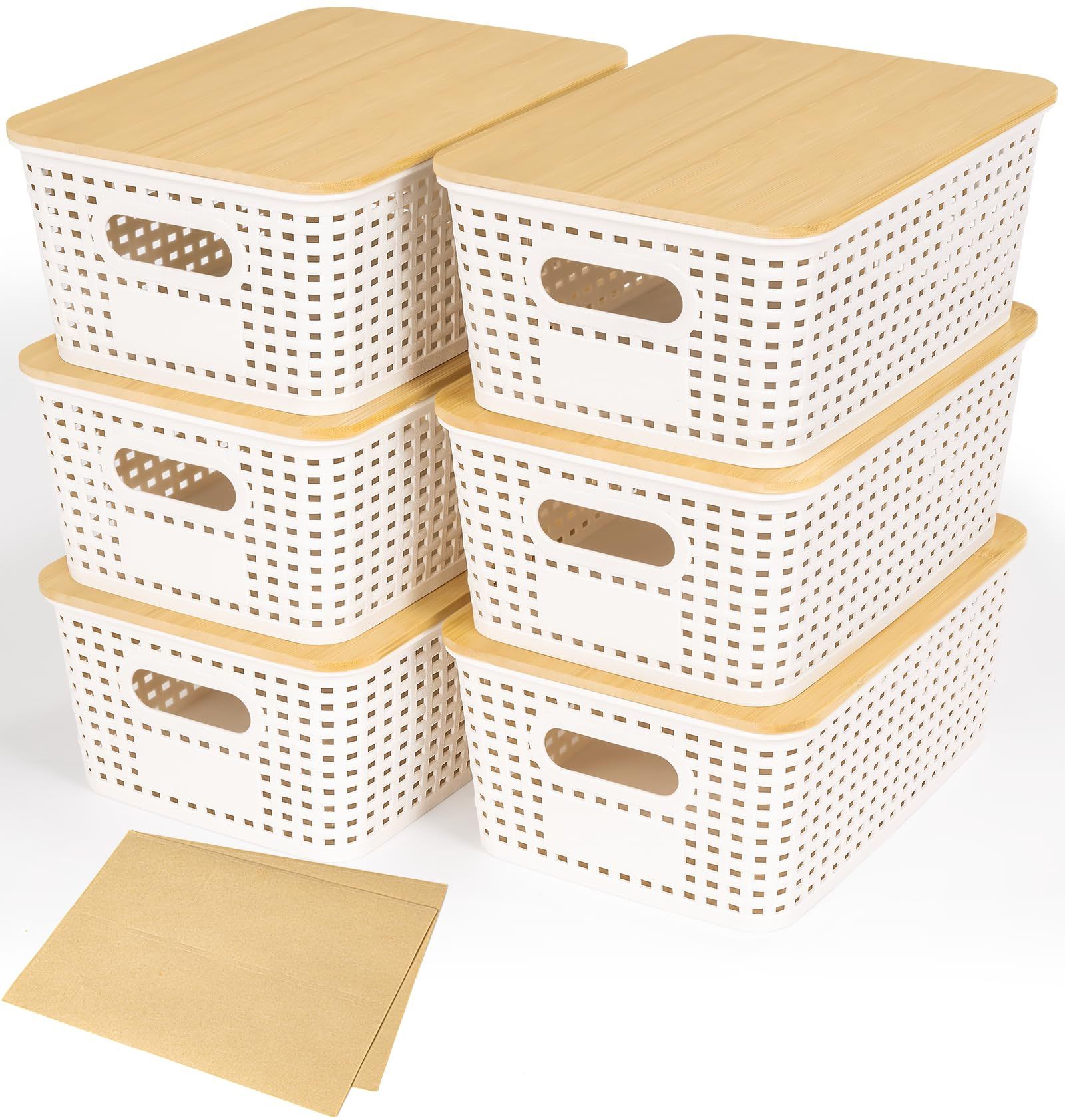 6 Pack Plastic Storage Baskets With Bamboo Lid, Stackable Storage Baskets For Organizing Desktop Closet Shelves Drawers Pantry Organization Office Pla