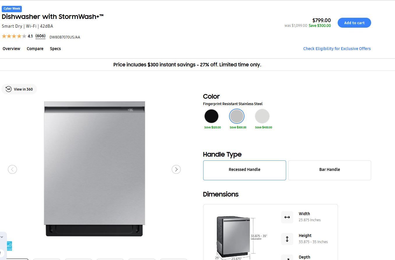 Samsung Open Box Dishwasher Model : DW80B7070US  - Smart Dry |42dBA MSRP 1099