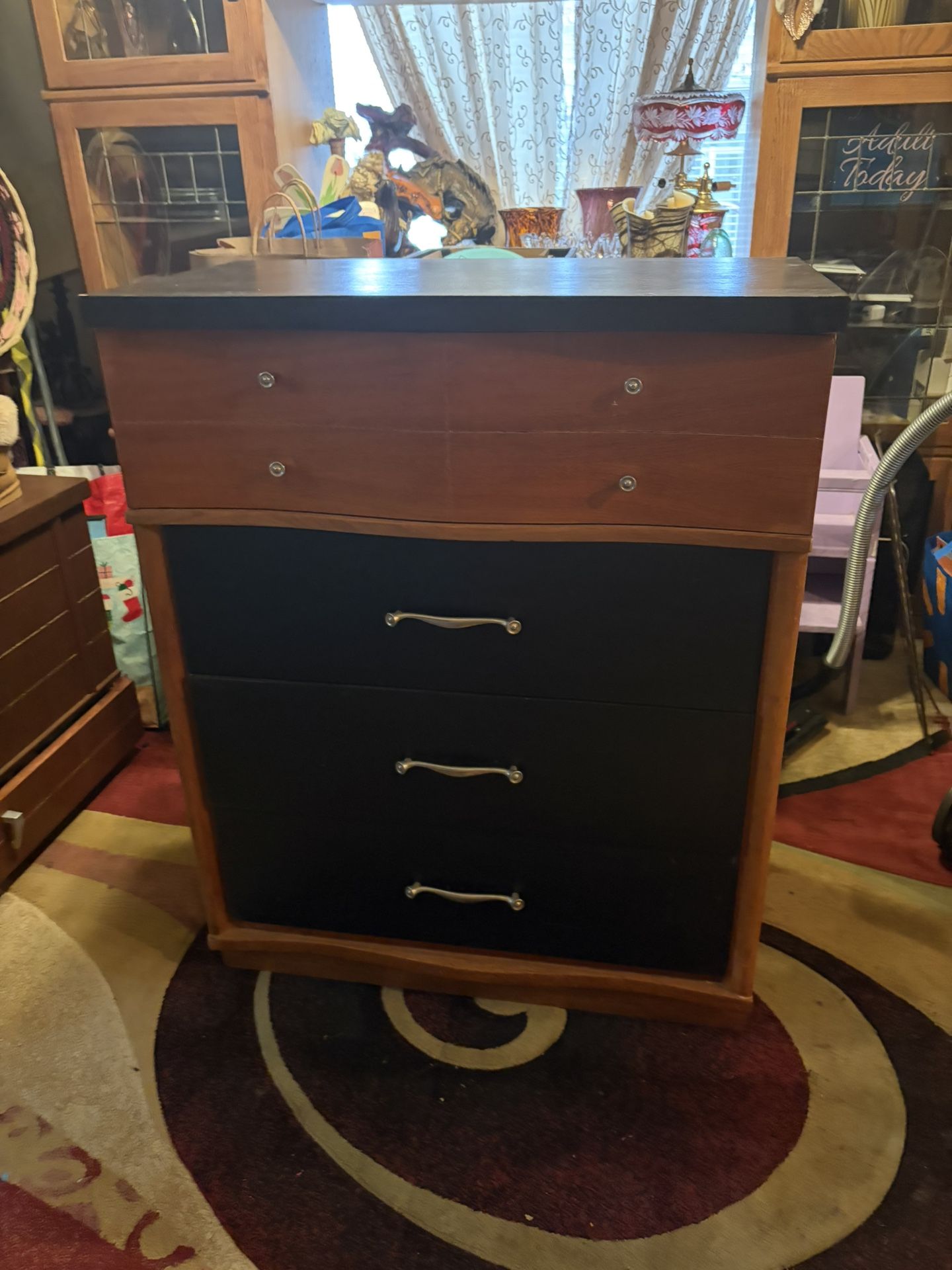 Mid Century Modern Solid Wood Tall Boy Dresser – Two-Tone Natural Wood & Black