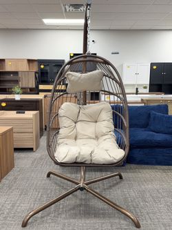 Outdoor Brown Swing Egg Chair with Stand Wicker Hanging Egg Chair with Cushions, 350 lb Max.  💰128$
