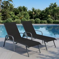 Set of 2 Stackable Gray Aluminum Frame Stationary Chaise Lounge Chair with Black Mesh Seat
