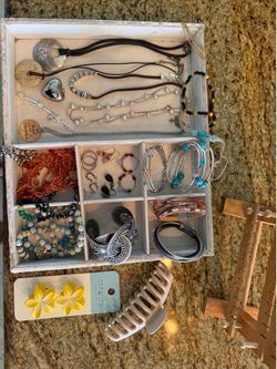 Costume Jewelry Lot with Solid Oak Display Stand & Velvet Organizer