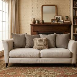 Mid-Century Modern Cream Loveseat + Designer Throw Pillows