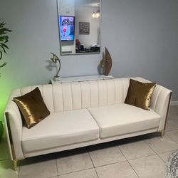 Sofá de cuero blanco, sofás de oficina de 78 pulgadas, sofá de piel sintética  y patas de metal dorado, sofás impermeables de 3 plazas