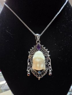 Sterling Silver, Carved Buddha w/ Amethyst Stone Necklace. 12"L. PLEASE READ DESCRIPTION