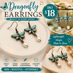 🦋 Turquoise Dragonfly Pearl Drop Earrings