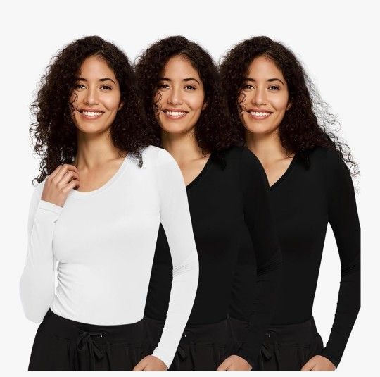 NEW~SIZE XS~2  BLACK 1 WHITE~COZYFIT 3 Pack Underscrub Long Sleeve Women - Undershirts for Women Soft Fabric