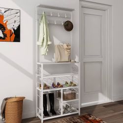 White Large 5-Tier Hall Tree Entryway Wooden Shoes Rack Shelf Coat Rack with Movable 9 Metal Hooks Storage Organizer for Home Office Bedroom Mudroom L