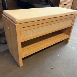 32” Shoe Bench with Storage Drawer, Farmhouse Entryway Bench with Linen Seat Cushion, Wooden Shoe Rack with Shelf for Entryway Hallway Living Room Bed