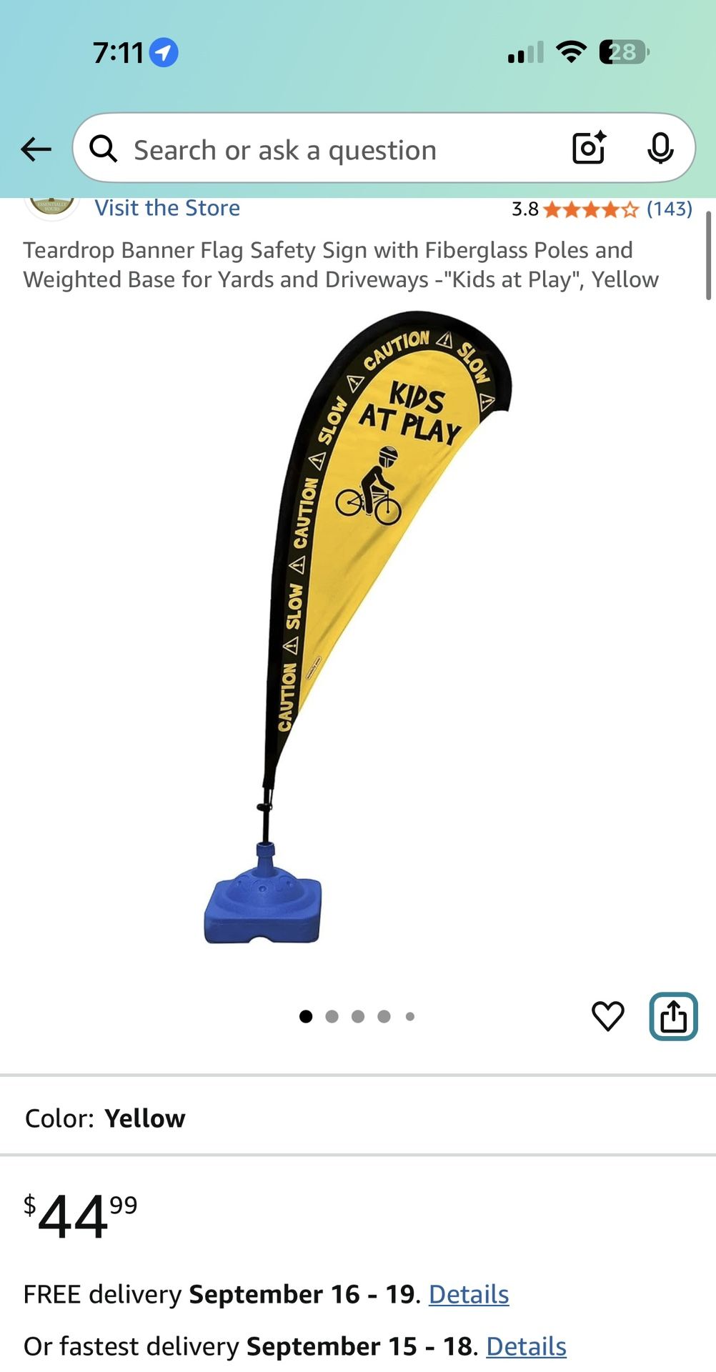 Teardrop Banner Flag Safety Sign with Fiberglass Poles and Weighted Base for Yards and Driveways -"Kids at Play", Yellow