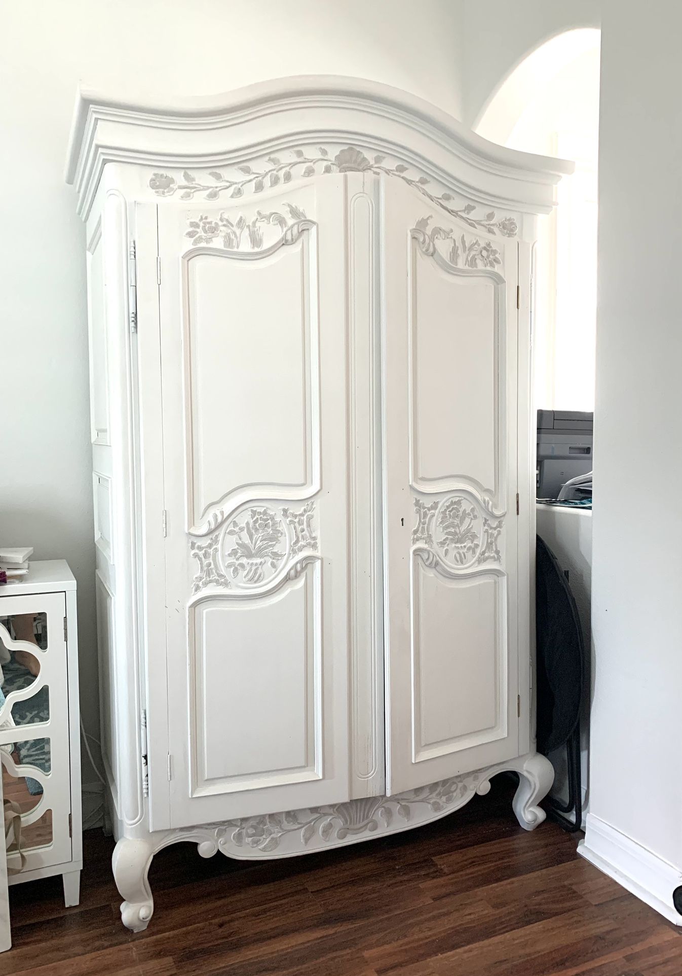 Antique Solid wood French Hand Carved  Armoire / Media  Center / Storage,  White / Gray