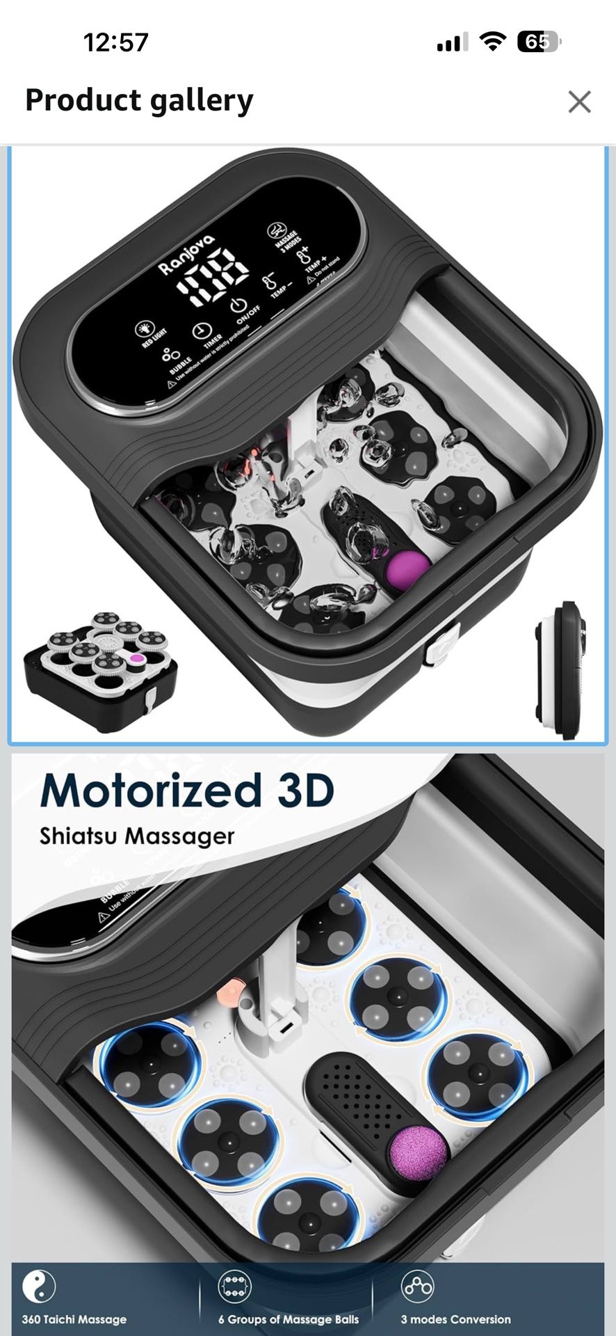 Ranjova Collapsible Foot Spa Electric Rotary Massage, Foot Bath with Heat, Bubble,Temp Control, and 24 Motorized Shiatsu Massage Balls, Pedicure Foot