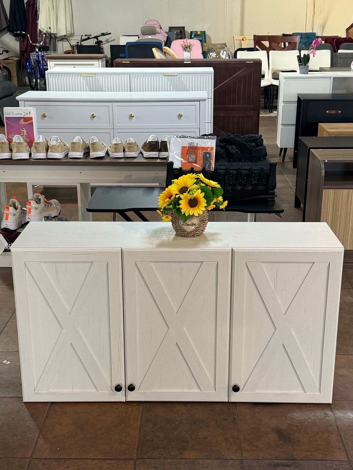 Farmhouse Large Wall Cabinets - Upper Kitchen Laundry Wall Amount Storage Cabinets with 3 Doors and Adjustable Shelves(White)💰99$ Decatur Location