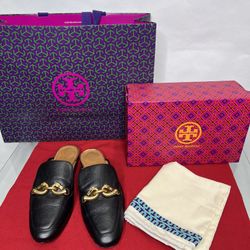 Tory Burch Black Leather Jessa Backless Flat Slide